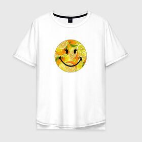 Мужская футболка хлопок Oversize с принтом Смайлик с цитрусами в Санкт-Петербурге, 100% хлопок | свободный крой, круглый ворот, “спинка” длиннее передней части | Тематика изображения на принте: апельсин | апельсинки | весёлый | детский | жара | желтый | женский | зелёный | лаймы | летний | лето | лимон | лимоны | оранжевый | отдых | пляж | подростковый | прикол | прикольный | радость | ребёнок