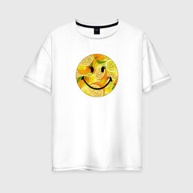 Женская футболка хлопок Oversize с принтом Смайлик с цитрусами в Санкт-Петербурге, 100% хлопок | свободный крой, круглый ворот, спущенный рукав, длина до линии бедер
 | апельсин | апельсинки | весёлый | детский | жара | желтый | женский | зелёный | лаймы | летний | лето | лимон | лимоны | оранжевый | отдых | пляж | подростковый | прикол | прикольный | радость | ребёнок