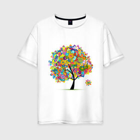 Женская футболка хлопок Oversize с принтом Flower tree в Санкт-Петербурге, 100% хлопок | свободный крой, круглый ворот, спущенный рукав, длина до линии бедер
 | девушкам | дерево | зелень | листок | орнамент | цветы