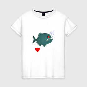 Женская футболка хлопок с принтом Добрая пиранья в Санкт-Петербурге, 100% хлопок | прямой крой, круглый вырез горловины, длина до линии бедер, слегка спущенное плечо | piranha | акула | амазонка | вода | зубастик | клыки | кровь | монстр | пиранья | природа | река | рыба | стая | хищник | циник | циничный | юмор