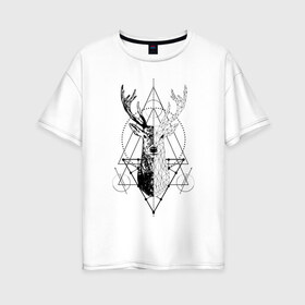 Женская футболка хлопок Oversize с принтом Polygonal deer в Санкт-Петербурге, 100% хлопок | свободный крой, круглый ворот, спущенный рукав, длина до линии бедер
 | animals | black | circles | deer | drawing | forest | geometric | low poly | poly | silhouette | tattoo | triangles | wild | белый | геометрический | дикий | животные | звери | зверь | контур | круги | лес | лесной | мужской | олени | олень | полигональны