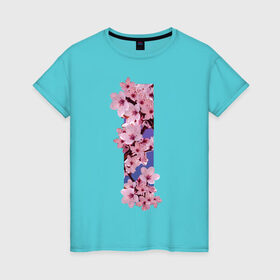 Женская футболка хлопок с принтом Ветви сакуры в Санкт-Петербурге, 100% хлопок | прямой крой, круглый вырез горловины, длина до линии бедер, слегка спущенное плечо | ветви | градиент | лепестки | полоса | розовый | сакура | темно синий | фиолетовый