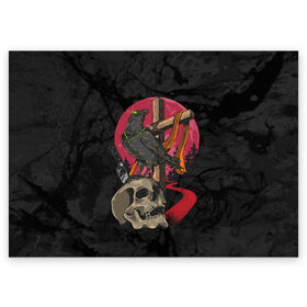 Поздравительная открытка с принтом Ворона и череп в Санкт-Петербурге, 100% бумага | плотность бумаги 280 г/м2, матовая, на обратной стороне линовка и место для марки
 | blood | diablo | haloween | horror | дьявол | зомби | кости | кровь | мозги | мясо | страшилка | ужасы | хеллоуин | хелоуин