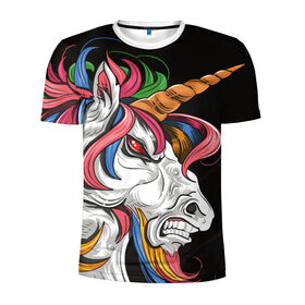 Мужская футболка 3D спортивная с принтом Evil unicorn в Санкт-Петербурге, 100% полиэстер с улучшенными характеристиками | приталенный силуэт, круглая горловина, широкие плечи, сужается к линии бедра | black | blue | evil | evil unicorn | green yellow | horn | horse | multicolored | pink | red | white | белый | зеленый желтый | зло | злой единорог | конь | красный | лошадь | разноцветный | рог | розовый | синий | черный