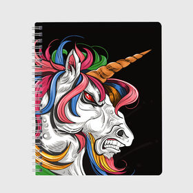 Тетрадь с принтом Evil unicorn в Санкт-Петербурге, 100% бумага | 48 листов, плотность листов — 60 г/м2, плотность картонной обложки — 250 г/м2. Листы скреплены сбоку удобной пружинной спиралью. Уголки страниц и обложки скругленные. Цвет линий — светло-серый
 | Тематика изображения на принте: black | blue | evil | evil unicorn | green yellow | horn | horse | multicolored | pink | red | white | белый | зеленый желтый | зло | злой единорог | конь | красный | лошадь | разноцветный | рог | розовый | синий | черный