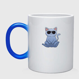 Кружка хамелеон с принтом Blue Cat в Санкт-Петербурге, керамика | меняет цвет при нагревании, емкость 330 мл | Тематика изображения на принте: домашний | животные | звери | киса | киска | кот | котенок | котэ | котя | кошка | крутой | лапочка | милый | мимими | модный | очки | синий | хороший
