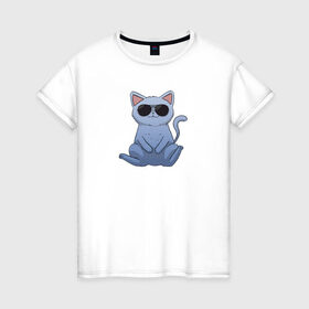 Женская футболка хлопок с принтом Blue Cat в Санкт-Петербурге, 100% хлопок | прямой крой, круглый вырез горловины, длина до линии бедер, слегка спущенное плечо | домашний | животные | звери | киса | киска | кот | котенок | котэ | котя | кошка | крутой | лапочка | милый | мимими | модный | очки | синий | хороший
