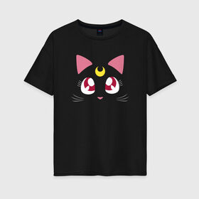 Женская футболка хлопок Oversize с принтом Luna Cat. Sailor Moon в Санкт-Петербурге, 100% хлопок | свободный крой, круглый ворот, спущенный рукав, длина до линии бедер
 | anime | cute | аниме | взгляд | волшебство | глаза | киса | киска | кот | котенок | котэ | котя | кошка | лапочка | луна | магия | месяц | милый | мимими | мордочка | сейлор мун | хороший | япония