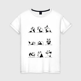 Женская футболка хлопок с принтом Панда занимается йогой в Санкт-Петербурге, 100% хлопок | прямой крой, круглый вырез горловины, длина до линии бедер, слегка спущенное плечо | ега | йога | йога и фитнес | карамель | кунг фу | кунг фу панда | панда | пандора | панды | по | с пандами | с пандой | фитнес