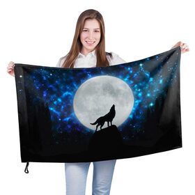 Флаг 3D с принтом Волк воющий на луну в Санкт-Петербурге, 100% полиэстер | плотность ткани — 95 г/м2, размер — 67 х 109 см. Принт наносится с одной стороны | wolf | волк | волки | волчица | животные | одинокий волк