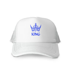 Кепка тракер с сеткой с принтом KING в Санкт-Петербурге, трикотажное полотно; задняя часть — сетка | длинный козырек, универсальный размер, пластиковая застежка | blue crown | crown | crown print | king | king lettering | king print | король | корона | надпись король | принт король | принт короны | синяя  корона