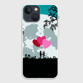 Чехол для iPhone 13 mini с принтом Влюбленная Пара в Санкт-Петербурге,  |  | heart | leaves | love | love you | minimal | moon | night | влюбленная пара | влюбленные | воздушные шары | деревья | листья | луна | любовь | минимализм | ночь | отношения | полнолуние | природа | сердечки | сердца | сердце