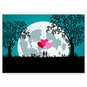 Поздравительная открытка с принтом Влюбленная Пара в Санкт-Петербурге, 100% бумага | плотность бумаги 280 г/м2, матовая, на обратной стороне линовка и место для марки
 | heart | leaves | love | love you | minimal | moon | night | влюбленная пара | влюбленные | воздушные шары | деревья | листья | луна | любовь | минимализм | ночь | отношения | полнолуние | природа | сердечки | сердца | сердце