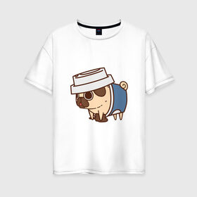 Женская футболка хлопок Oversize с принтом Кофейный мопс в Санкт-Петербурге, 100% хлопок | свободный крой, круглый ворот, спущенный рукав, длина до линии бедер
 | арт | кофе | мопс | рисунок | сладкий | сладость | собака в костюме | собака в костюмчике | шоколад