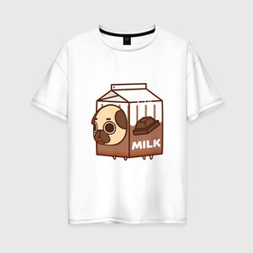 Женская футболка хлопок Oversize с принтом Шоколадное молоко-мопс в Санкт-Петербурге, 100% хлопок | свободный крой, круглый ворот, спущенный рукав, длина до линии бедер
 | арт | молоко | мопс | рисунок | сладкий | сладость | собака в костюме | собака в костюмчике | шоколад