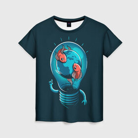 Женская футболка 3D с принтом Рыбки в лампочке в Санкт-Петербурге, 100% полиэфир ( синтетическое хлопкоподобное полотно) | прямой крой, круглый вырез горловины, длина до линии бедер | 
