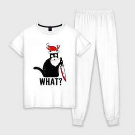 Женская пижама хлопок с принтом What Cat (Новый Год) в Санкт-Петербурге, 100% хлопок | брюки и футболка прямого кроя, без карманов, на брюках мягкая резинка на поясе и по низу штанин | 