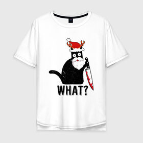 Мужская футболка хлопок Oversize с принтом What Cat (Новый Год) в Санкт-Петербурге, 100% хлопок | свободный крой, круглый ворот, “спинка” длиннее передней части | 