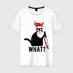 Мужская футболка хлопок с принтом What Cat (Новый Год) в Санкт-Петербурге, 100% хлопок | прямой крой, круглый вырез горловины, длина до линии бедер, слегка спущенное плечо. | 