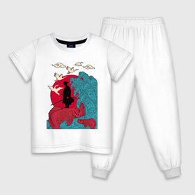 Детская пижама хлопок с принтом Восток в Санкт-Петербурге, 100% хлопок |  брюки и футболка прямого кроя, без карманов, на брюках мягкая резинка на поясе и по низу штанин
 | Тематика изображения на принте: волна | рисунок | рыбы | солнце