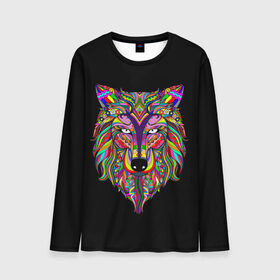 Мужской лонгслив 3D с принтом Разноцветный Волк в Санкт-Петербурге, 100% полиэстер | длинные рукава, круглый вырез горловины, полуприлегающий силуэт | animal | art | black t shirt | dog | multi colored | patterns | predator | print | wolf | арт | волк | волчица | животное | зверь | пес | принт | разноцветная | собака | узоры | хищник | черная футболка