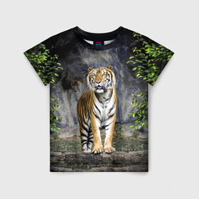 Детская футболка 3D с принтом ТИГР В ЛЕСУ в Санкт-Петербурге, 100% гипоаллергенный полиэфир | прямой крой, круглый вырез горловины, длина до линии бедер, чуть спущенное плечо, ткань немного тянется | tiger | амурский | бенгальский | в зоопарке | в лесу | дикий | кошка | крупная | полосатый | тигр | тигренок | тигрица