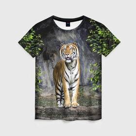 Женская футболка 3D с принтом ТИГР В ЛЕСУ в Санкт-Петербурге, 100% полиэфир ( синтетическое хлопкоподобное полотно) | прямой крой, круглый вырез горловины, длина до линии бедер | tiger | амурский | бенгальский | в зоопарке | в лесу | дикий | кошка | крупная | полосатый | тигр | тигренок | тигрица
