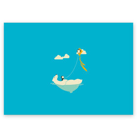 Поздравительная открытка с принтом ОБИТАТЕЛИ АНТАРКТИКИ в Санкт-Петербурге, 100% бумага | плотность бумаги 280 г/м2, матовая, на обратной стороне линовка и место для марки
 | Тематика изображения на принте: белый медведь | воздушный змей | детский рисунок | мультяшный персонаж | небо голубое | облака | пингвин | рисунок