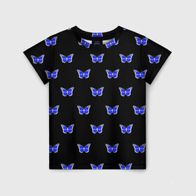 Детская футболка 3D с принтом Синие бабочки в Санкт-Петербурге, 100% гипоаллергенный полиэфир | прямой крой, круглый вырез горловины, длина до линии бедер, чуть спущенное плечо, ткань немного тянется | Тематика изображения на принте: бабочка | бабочки | воздух | живность природы | красивая бабочка | красота природы | крылья | летать | летают | летающее насекомое | летающие бабочки | насекомые | порхание | порхать