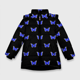 Зимняя куртка для девочек 3D с принтом Синие бабочки в Санкт-Петербурге, ткань верха — 100% полиэстер; подклад — 100% полиэстер, утеплитель — 100% полиэстер. | длина ниже бедра, удлиненная спинка, воротник стойка и отстегивающийся капюшон. Есть боковые карманы с листочкой на кнопках, утяжки по низу изделия и внутренний карман на молнии. 

Предусмотрены светоотражающий принт на спинке, радужный светоотражающий элемент на пуллере молнии и на резинке для утяжки. | Тематика изображения на принте: бабочка | бабочки | воздух | живность природы | красивая бабочка | красота природы | крылья | летать | летают | летающее насекомое | летающие бабочки | насекомые | порхание | порхать