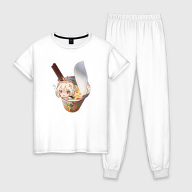 Женская пижама хлопок с принтом Paimon - Genshin Impact в Санкт-Петербурге, 100% хлопок | брюки и футболка прямого кроя, без карманов, на брюках мягкая резинка на поясе и по низу штанин | anime | genshin impact | kli | liza | mem | meme | paimon | zelda | аниме | барбара | геншин | геншин импакт | зельда | китайская | кли | лиза | мем | ммо | паймон | фишль | эмбер | япоская