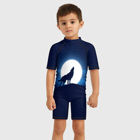 Детский купальный костюм 3D с принтом Воющий на луну в Санкт-Петербурге, Полиэстер 85%, Спандекс 15% | застежка на молнии на спине | волк вобщий на луну | звезды | луна | небо | ночное небо | полнолуние