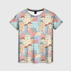 Женская футболка 3D с принтом Город  в Санкт-Петербурге, 100% полиэфир ( синтетическое хлопкоподобное полотно) | прямой крой, круглый вырез горловины, длина до линии бедер | hauses | архитектура | дома | здания | постройки | путешествия | старый город | строения