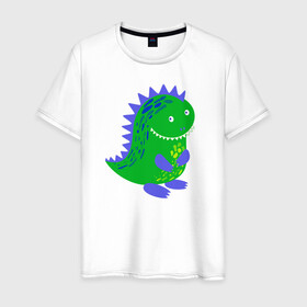 Мужская футболка хлопок с принтом Зеленый дракончик-динозаврик в Санкт-Петербурге, 100% хлопок | прямой крой, круглый вырез горловины, длина до линии бедер, слегка спущенное плечо. | dino | волшебный | дино | динозавр | динозаврик | дракон | дракончик | дракоша | змей горыныч | змея | змий | малыш | милашка | милый | парк юрского периода | сказка | сказочный | фэнтези