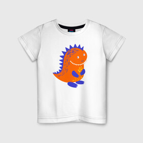 Детская футболка хлопок с принтом Оранжевый дракончин-динозаврик в Санкт-Петербурге, 100% хлопок | круглый вырез горловины, полуприлегающий силуэт, длина до линии бедер | dino | волшебный | дино | динозавр | динозаврик | дракон | дракончик | дракоша | змей горыныч | змея | змий | малыш | милашка | милый | парк юрского периода | сказка | сказочный | фэнтези