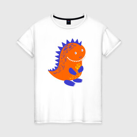 Женская футболка хлопок с принтом Оранжевый дракончин-динозаврик в Санкт-Петербурге, 100% хлопок | прямой крой, круглый вырез горловины, длина до линии бедер, слегка спущенное плечо | dino | волшебный | дино | динозавр | динозаврик | дракон | дракончик | дракоша | змей горыныч | змея | змий | малыш | милашка | милый | парк юрского периода | сказка | сказочный | фэнтези