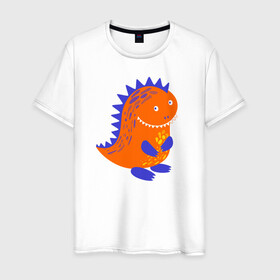 Мужская футболка хлопок с принтом Оранжевый дракончин-динозаврик в Санкт-Петербурге, 100% хлопок | прямой крой, круглый вырез горловины, длина до линии бедер, слегка спущенное плечо. | dino | волшебный | дино | динозавр | динозаврик | дракон | дракончик | дракоша | змей горыныч | змея | змий | малыш | милашка | милый | парк юрского периода | сказка | сказочный | фэнтези