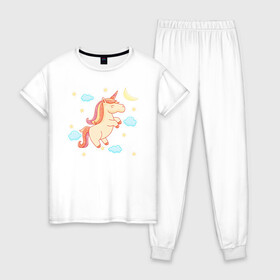 Женская пижама хлопок с принтом Happy unicorn в Санкт-Петербурге, 100% хлопок | брюки и футболка прямого кроя, без карманов, на брюках мягкая резинка на поясе и по низу штанин | moon | unicorn | единорог | звезды | месяц | облачка