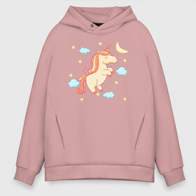 Мужское худи Oversize хлопок с принтом Happy unicorn в Санкт-Петербурге, френч-терри — 70% хлопок, 30% полиэстер. Мягкий теплый начес внутри —100% хлопок | боковые карманы, эластичные манжеты и нижняя кромка, капюшон на магнитной кнопке | moon | unicorn | единорог | звезды | месяц | облачка