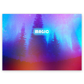 Поздравительная открытка с принтом MAGIC в Санкт-Петербурге, 100% бумага | плотность бумаги 280 г/м2, матовая, на обратной стороне линовка и место для марки
 | Тематика изображения на принте: звездное небо | зимний вечер | неоновая надпись | ночное небо | снег