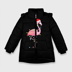 Зимняя куртка для девочек 3D с принтом Новогодний Фламинго в Санкт-Петербурге, ткань верха — 100% полиэстер; подклад — 100% полиэстер, утеплитель — 100% полиэстер. | длина ниже бедра, удлиненная спинка, воротник стойка и отстегивающийся капюшон. Есть боковые карманы с листочкой на кнопках, утяжки по низу изделия и внутренний карман на молнии. 

Предусмотрены светоотражающий принт на спинке, радужный светоотражающий элемент на пуллере молнии и на резинке для утяжки. | 2021 | гирлянда | год быка | дед мороз | новогодний | новогодняя | новый год | птица | рождество | розовый фламинго | с новым годом | фламинго