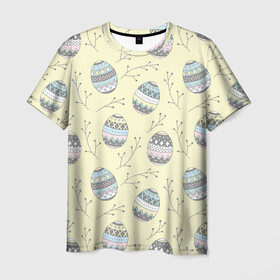 Мужская футболка 3D с принтом Пасхальные яйца в Санкт-Петербурге, 100% полиэфир | прямой крой, круглый вырез горловины, длина до линии бедер | бог | вера | весна | воскресение | желтый фон | молитва | пасха | пасхальный | пост | религия | храм | христос | церковь | яйца пасхальные