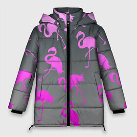 Женская зимняя куртка 3D с принтом Розовый фламинго в Санкт-Петербурге, верх — 100% полиэстер; подкладка — 100% полиэстер; утеплитель — 100% полиэстер | длина ниже бедра, силуэт Оверсайз. Есть воротник-стойка, отстегивающийся капюшон и ветрозащитная планка. 

Боковые карманы с листочкой на кнопках и внутренний карман на молнии | 