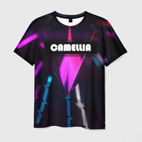 Мужская футболка 3D с принтом CAMELLIA в Санкт-Петербурге, 100% полиэфир | прямой крой, круглый вырез горловины, длина до линии бедер | абстракция | геометрия | неоновый огонь | неоновый полосы | неоновый свет