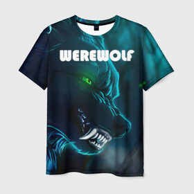Мужская футболка 3D с принтом WAREWOLF в Санкт-Петербурге, 100% полиэфир | прямой крой, круглый вырез горловины, длина до линии бедер | глаза волка | зеленые глаза | злой зверь | неоновые глаза | оборотень | оскал волка | оскал оборотня