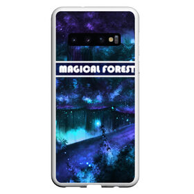 Чехол для Samsung Galaxy S10 с принтом MAGICAL FOREST в Санкт-Петербурге, Силикон | Область печати: задняя сторона чехла, без боковых панелей | Тематика изображения на принте: звездное небо | магический лес | неоновая пыль | неоновые линии | озеро ночью | отражение в озере | светлячки в лесу