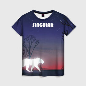 Женская футболка 3D с принтом SINGULAR в Санкт-Петербурге, 100% полиэфир ( синтетическое хлопкоподобное полотно) | прямой крой, круглый вырез горловины, длина до линии бедер | алый закат | звездное небо | неоновый тигр | ночное небо | тигр на закате