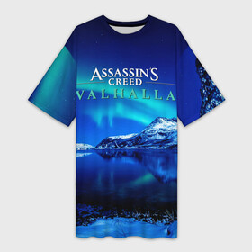 Платье-футболка 3D с принтом ASSASSINS CREED VALHALLA в Санкт-Петербурге,  |  | eivor | valhalla | vikings | ассасин крид вальгала | ассасин крид вальхалла | ассассин крид | вальгалла | вальхалла | викинг | викинги | северное сияние | эйвор