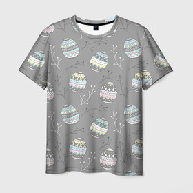 Мужская футболка 3D с принтом Яйца пасхальные серый фон в Санкт-Петербурге, 100% полиэфир | прямой крой, круглый вырез горловины, длина до линии бедер | бог | вера | весна | воскресение | молитва | пасха | пасхальный | пост | религия | храм | христос | церковь | яйца пасхальные