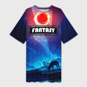 Платье-футболка 3D с принтом FANTASY в Санкт-Петербурге,  |  | горы | ледяные глыбы | неоновая луна | неоновая планета | неоновый свет | ночное небо | олень | фантастика | фентези